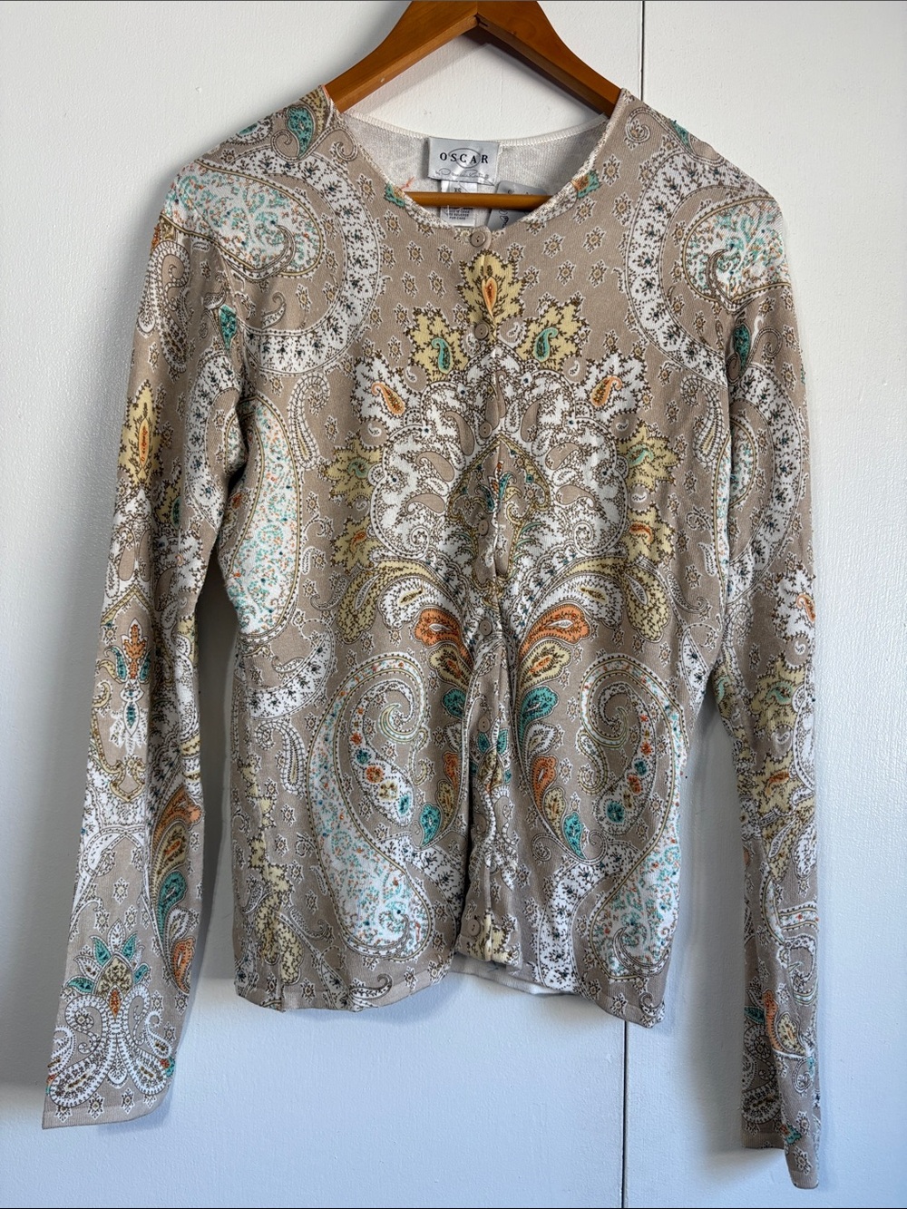 Oscar de la Renta Beaded Paisley Button Front Long Sleeve Top